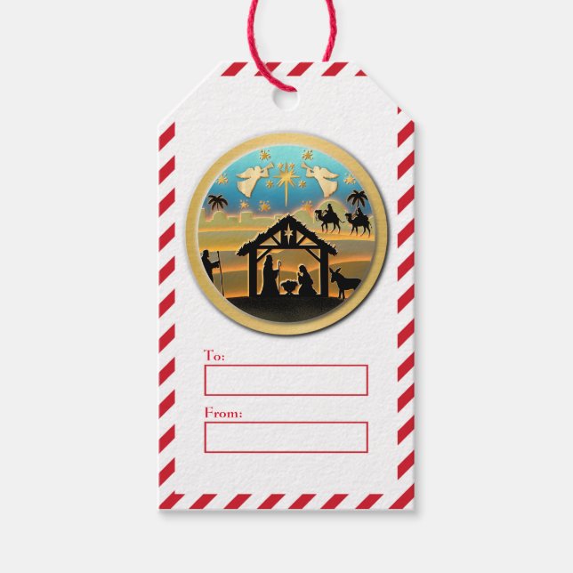 Frohe Weihnachten, Baby Jesus Krippe Szene Geschenkanhänger (Vorderseite)