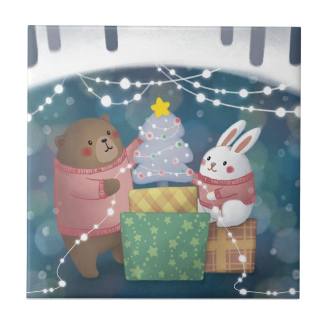 Frohe Weihnachten: Bär & Bunny Fliese (Vorderseite)