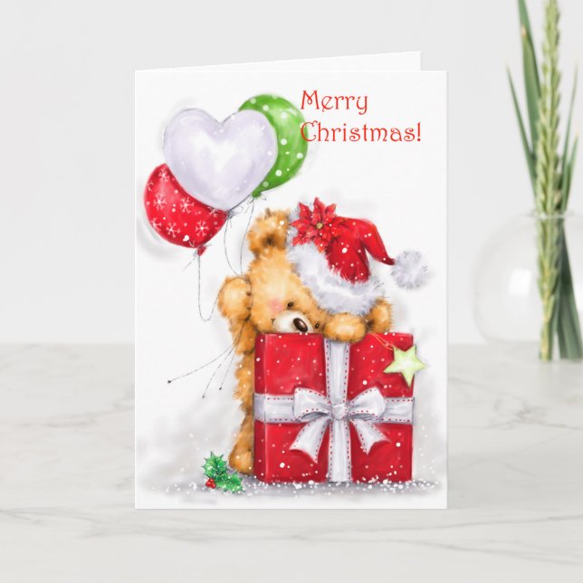 Frohe Weihnachten, Bär mit Gegenwart und Balloons Karte (Vorderseite)