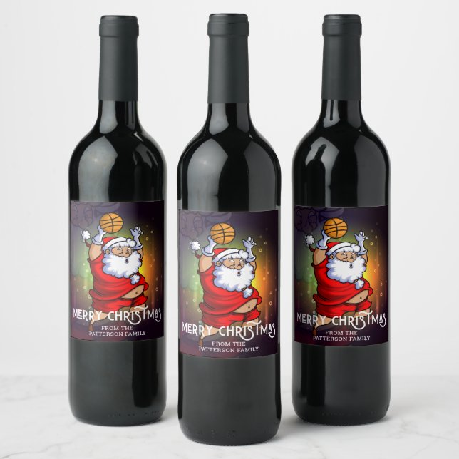 Frohe Weihnachten Basketball Santa Personalisiert Weinetikett (Flaschen)