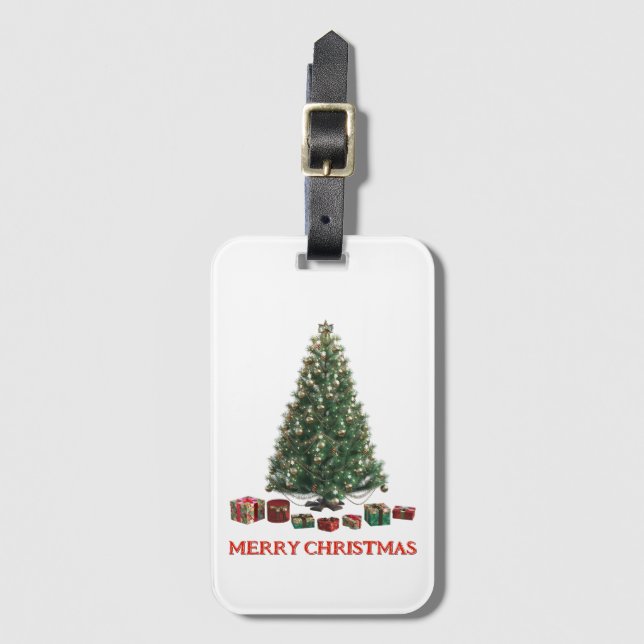 Frohe Weihnachten. Baum (Design 1) mit Geschenken Gepäckanhänger (Vorderseite Vertikal)