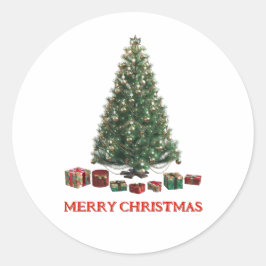Frohe Weihnachten. Baum (Design 1) mit Geschenken Runder Aufkleber