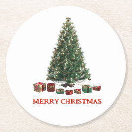 Frohe Weihnachten. Baum (Design 1) mit Geschenken Runder Pappuntersetzer