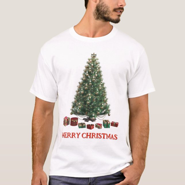 Frohe Weihnachten. Baum (Design 1) mit Geschenken T-Shirt (Vorderseite)