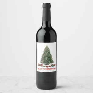 Frohe Weihnachten. Baum (Design 1) mit Geschenken Weinetikett