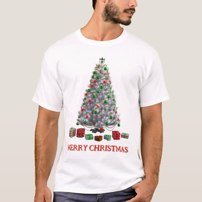 Frohe Weihnachten. Baum (Design 6) mit Geschenken T-Shirt (Vorderseite)