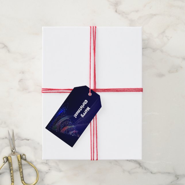 Frohe Weihnachten & Bäume auf blau Geschenkanhänger (Mit Garn)