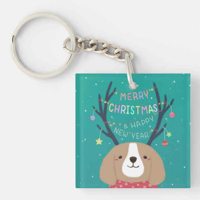 Frohe Weihnachten: Beagle Illustration Art Schlüsselanhänger (Vorderseite)