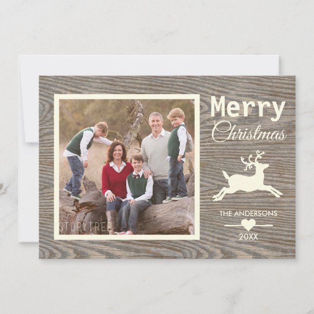 Frohe Weihnachten Beige Rustic Wood Family Foto (Vorderseite)