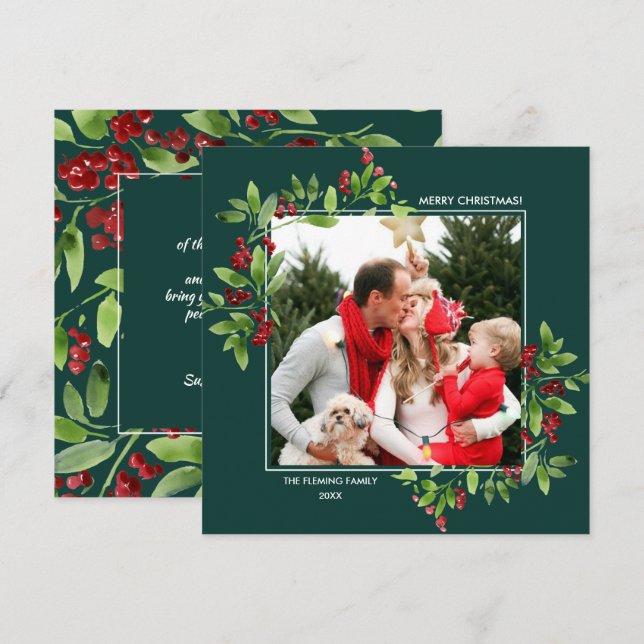 Frohe Weihnachten. Berry Branches Flat Foto Cards Einladung (Vorne/Hinten)