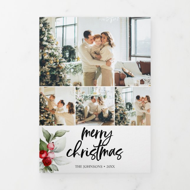 Frohe Weihnachten Berry Verlasse Foto Dreifach Gefaltete Urlaubskarte (Cover)