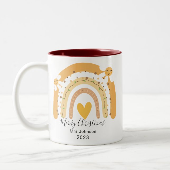 Frohe Weihnachten Beste Lehrerin je Regenbogen Fes Zweifarbige Tasse (Links)