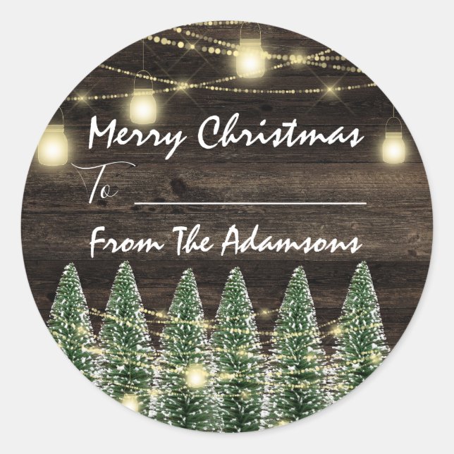Frohe Weihnachten bis...vom Namen rustikales Baumh Runder Aufkleber (Vorderseite)
