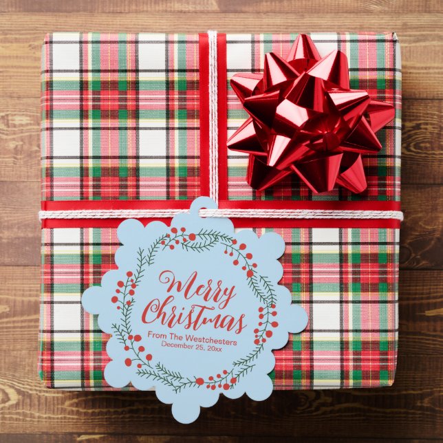 Frohe Weihnachten blass-blau roten Drehbuch rustik Ornament Karte (Insitu (Geschenk))