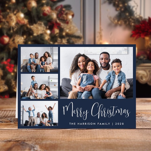 Frohe Weihnachten Blau 4 Foto (Share the love and warmth of the season with a personalized 4 photo Christmas card)