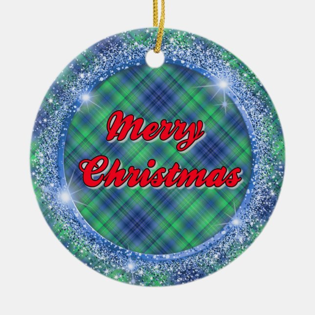 Frohe Weihnachten Blau Karierte Imitate Glitzer Ra Keramik Ornament (Vorne)