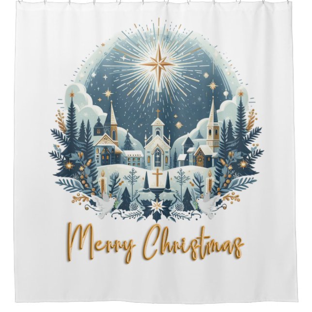 Frohe Weihnachten Blau und Gold Duschvorhang (Vorderseite)