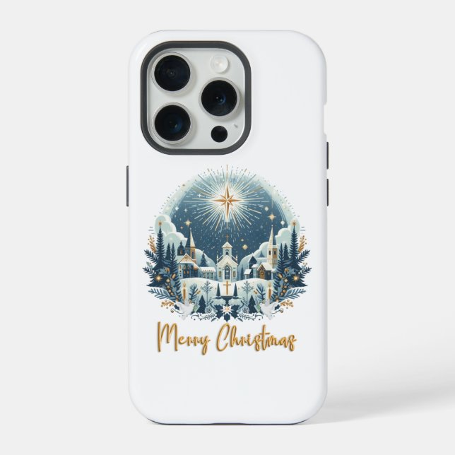 Frohe Weihnachten Blau und Gold iPhone 15 Pro Hülle (Rückseite)