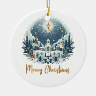 Frohe Weihnachten Blau und Gold Keramik Ornament
