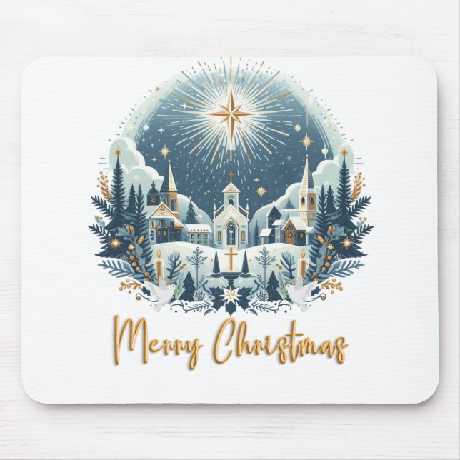 Frohe Weihnachten Blau und Gold Mousepad (Vorne)