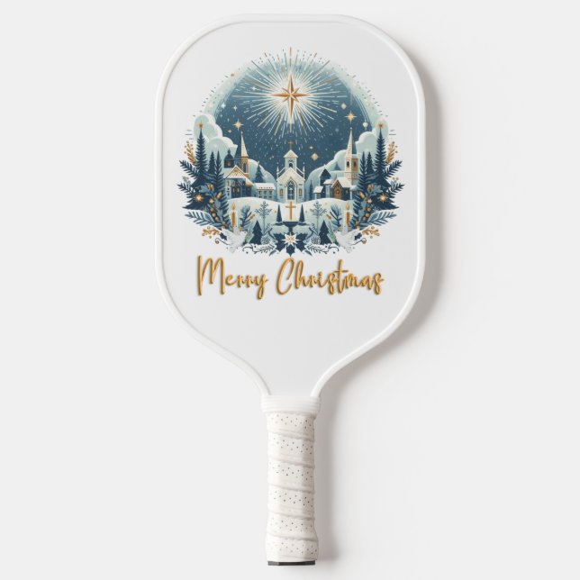 Frohe Weihnachten Blau und Gold Pickleball Schläger (Vorderseite)