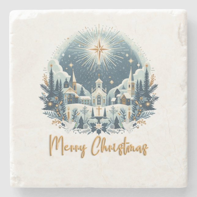 Frohe Weihnachten Blau und Gold Steinuntersetzer (Vorderseite)