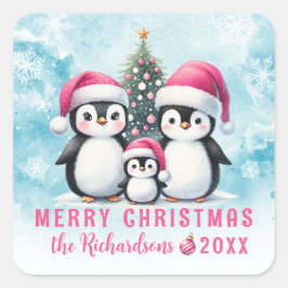 Frohe Weihnachten Blau und Rosa Niedliche Pinguine Quadratischer Aufkleber