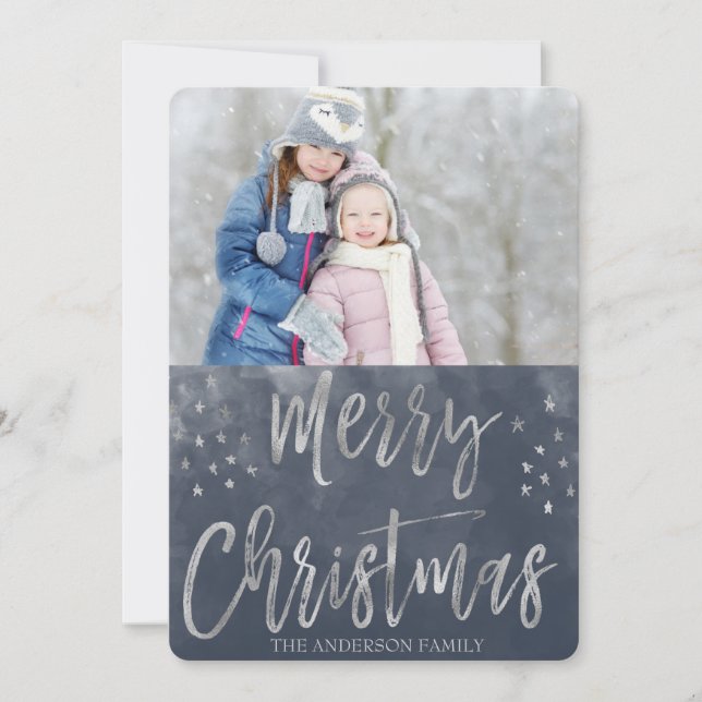 Frohe Weihnachten Blau und Silver Watercolor Foto (Vorderseite)