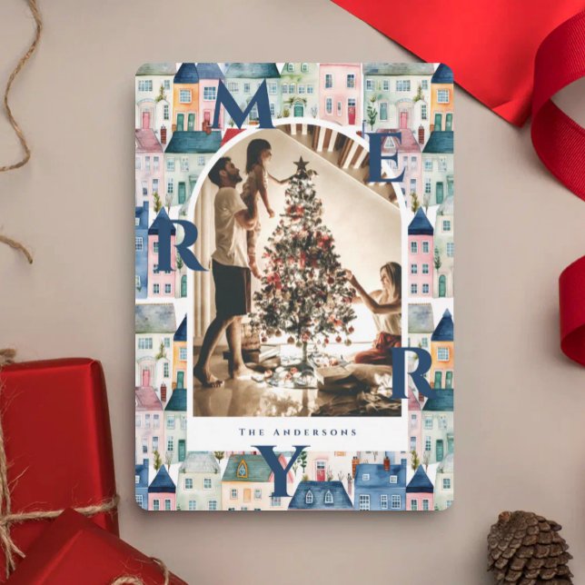 Frohe Weihnachten Blau Wasserfarbe Häuserbogen Fot (Von Creator hochgeladen)