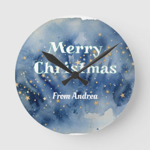 Frohe Weihnachten Blau Weiße Sterne Wasserfarbe Ge Runde Wanduhr