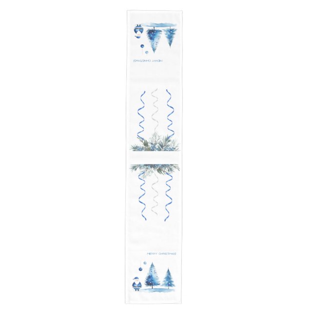 Frohe Weihnachten Blau & Weiße Wasserfarbe Santa Mittelgroßer Tischläufer (Vorderseite)
