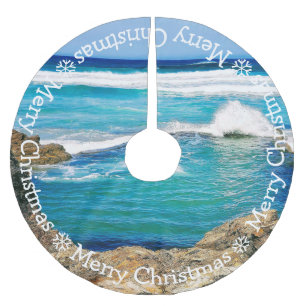 Frohe Weihnachten, blaue Cornisch-Wellen Polyester Weihnachtsbaumdecke