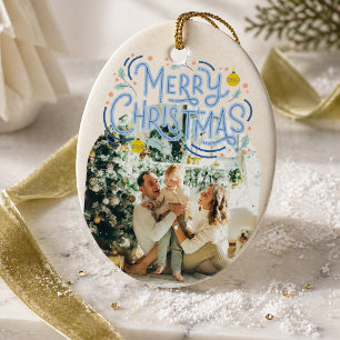 Frohe Weihnachten Blaue Typografie Gebogenes Foto  Keramik Ornament