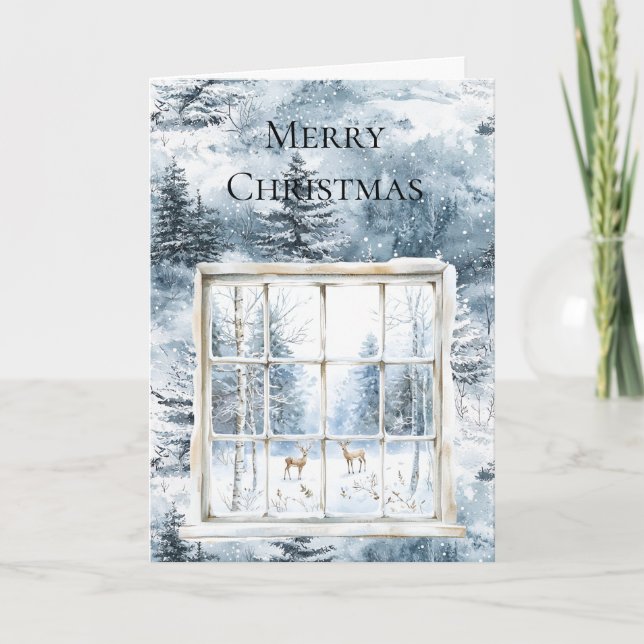 Frohe Weihnachten Blauer Schnee Winterbaumen Hirsc Karte (Vorderseite)
