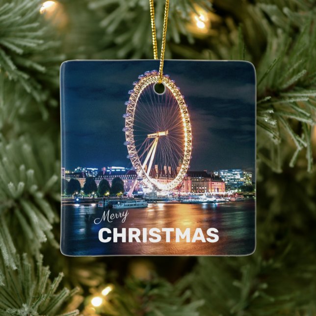 Frohe Weihnachten Blue Gold Night London Keramikornament (Baum)