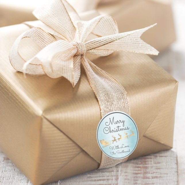 Frohe Weihnachten Blue Gold Santa Reindeer Sleight Runder Aufkleber (Merry Christmas Blue Gold Santa Reindeer Sleight Classic Round Sticker)