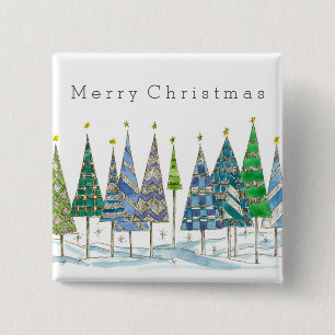 Frohe Weihnachten Blue Holiday Trees Art Button