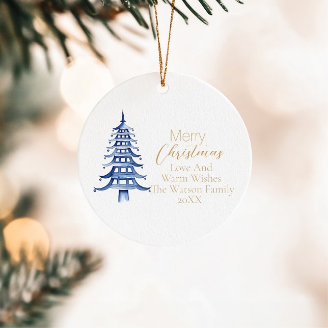 Frohe Weihnachten Blue Pagoda Weihnachtsbaum 1 Fot Keramik Ornament (Merry Christmas Blue Pagoda Christmas Tree 1-Photo Ceramic Ornament)
