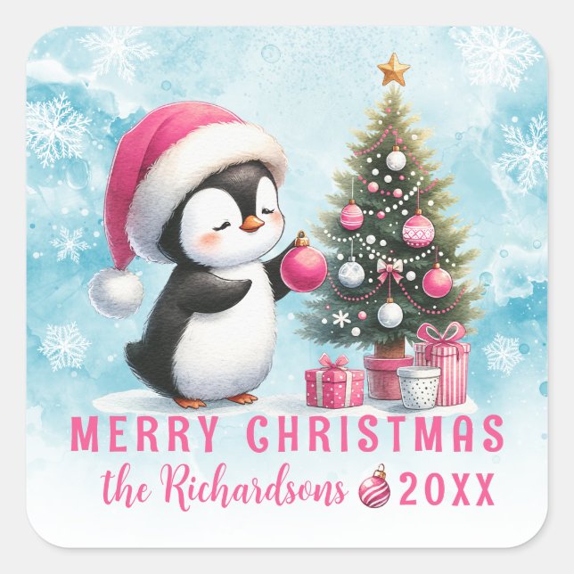 Frohe Weihnachten Blue Pink Niedlich Pinguin Custo Quadratischer Aufkleber (Vorderseite)