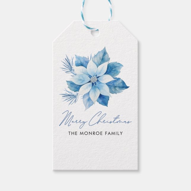 Frohe Weihnachten Blue Poinsettia Aufkleber Geschenkanhänger (Vorderseite)