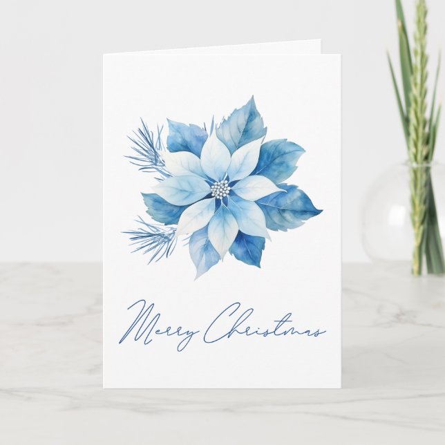 Frohe Weihnachten Blue Poinsettia Karte (Vorderseite)