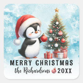 Frohe Weihnachten Blue Red Niedlich Penguin Family Quadratischer Aufkleber