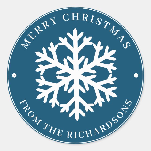 Frohe Weihnachten Blue Round White Snowflake Runder Aufkleber (Vorderseite)