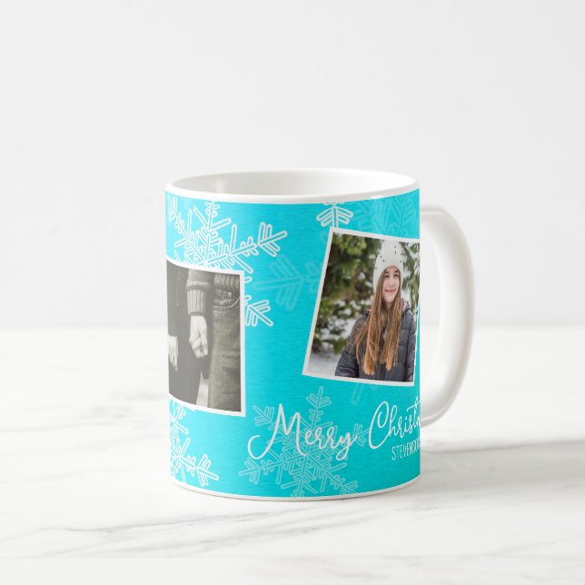 Frohe Weihnachten Blue Snowflakes Foto Collage Kaffeetasse (VorderseiteRechts)