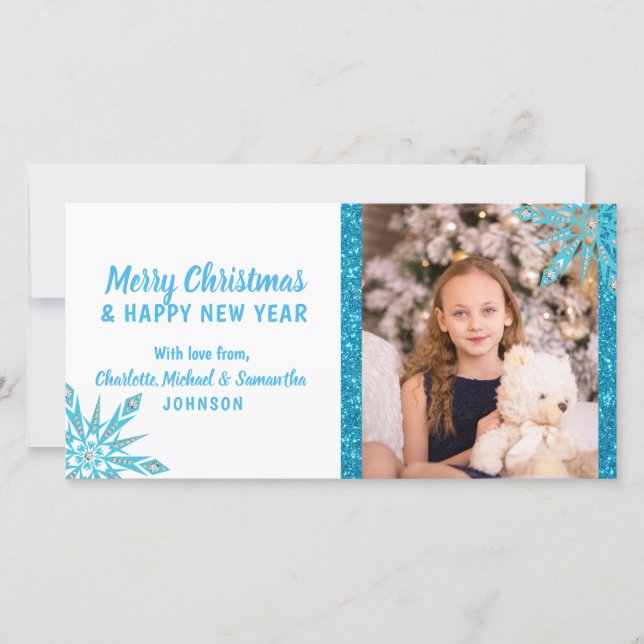 Frohe Weihnachten Blue Snowflakes Glitzer | FOTO (Vorderseite)