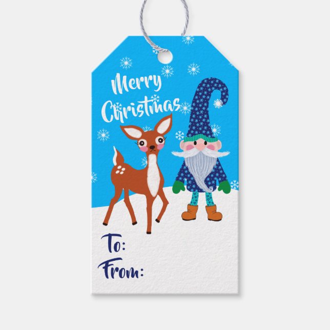 Frohe Weihnachten Blue Snowflakes Gnome Niedlich D Geschenkanhänger (Vorderseite)