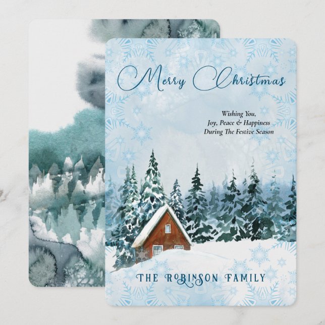 Frohe Weihnachten Blue Watercolor Winter Scape (Vorne/Hinten)