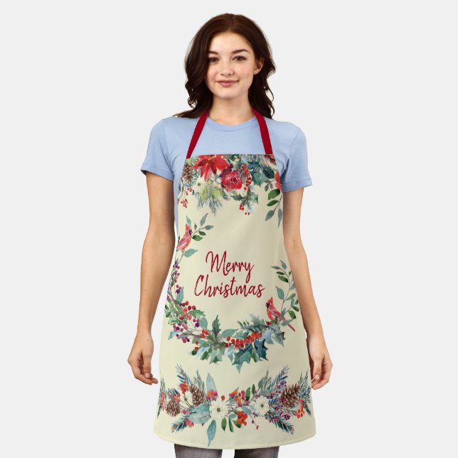 Frohe Weihnachten blumenburgund Pine grün creme Schürze (Getragen)