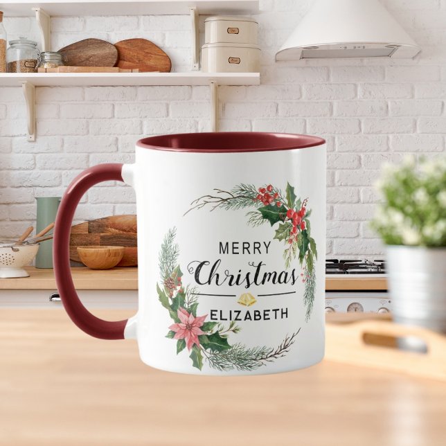 Frohe Weihnachten Blumenreath und Script Maroon Tasse (Von Creator hochgeladen)