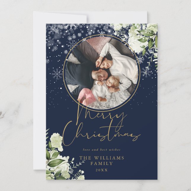 Frohe Weihnachten Blumenschnee Gold und blaues Fot (Vorderseite)